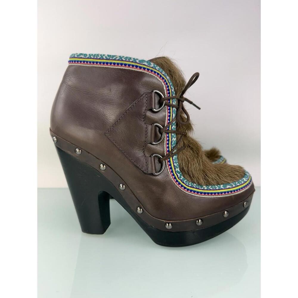 Sigerson Morrison Eskimo Brown Leather Fur Platform Heels Size 7 Boho Luxe Indie - Picture 3 of 9